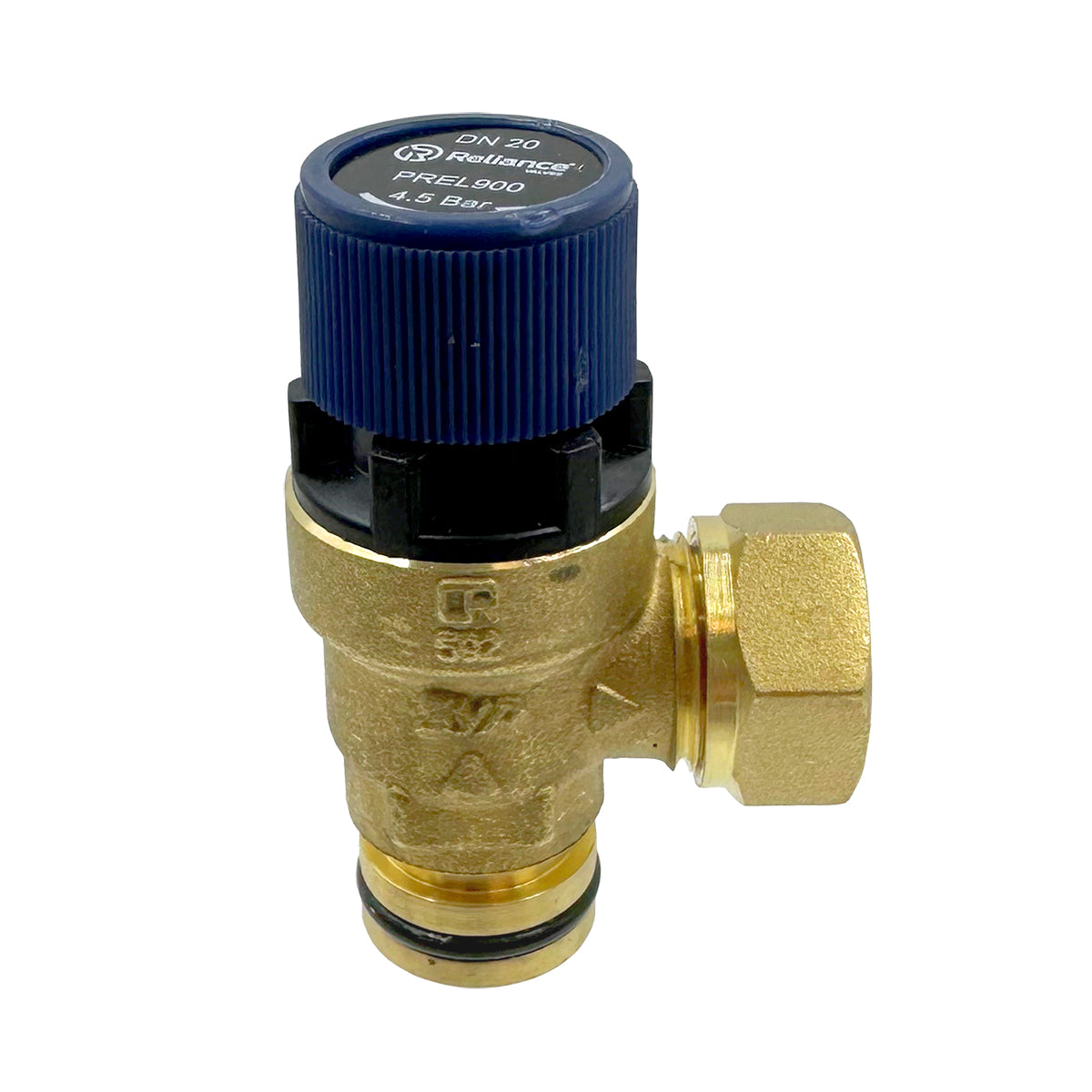 A bronze-colored pressure relief valve with a blue adjustment nut on top and attached brass fittings.
